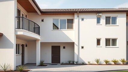 A modern housing complex with clean architectural lines, illuminated by soft daylight.