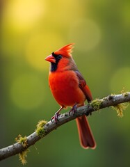 Male Northern Cardinal perched on mossy branch