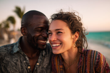 Happy interracial couple laughing and enjoying a romantic moment together on a tropical beach at sunset