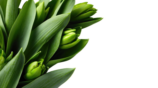 Fresh green tulip leaves with closed buds on a white isolate background, perfect for floral designs and decor.