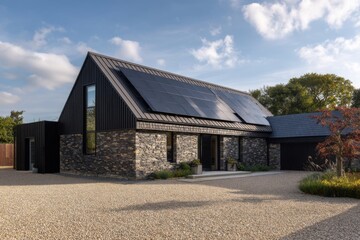 Obraz premium Nestled amidst serene natural surroundings, this contemporary sustainable home features solar panels and basks in the beauty of clear blue skies