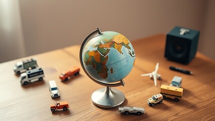 Miniature globe surrounded by tiny transportation models, depicting a playful world exploration concept.