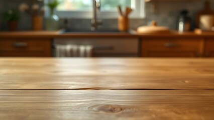 A wooden table with subtle grain texture, softly lit by kitchen window light creating a gentle bokeh effect.