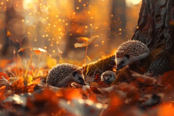 Obraz premium Hedgehogs autumn plant leaf.