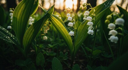 Obraz premium Close-up of Lily of the Valley blossoms. Sunlight filters through trees