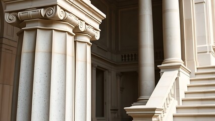 Classical stone pillars and staircase with elegant lighting, highlighting historical architecture.