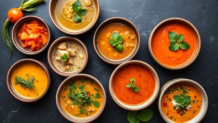Colorful vegetable soups in ceramic bowls arranged on dark slate, showcasing healthy and appetizing cuisine.