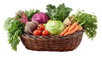 Fresh organic vegetables in a woven basket on white background.