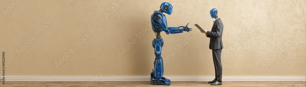 Aufkleber a humanoid robot interacts with a man in a suit, showcasing a futuristic scenario of technology and 