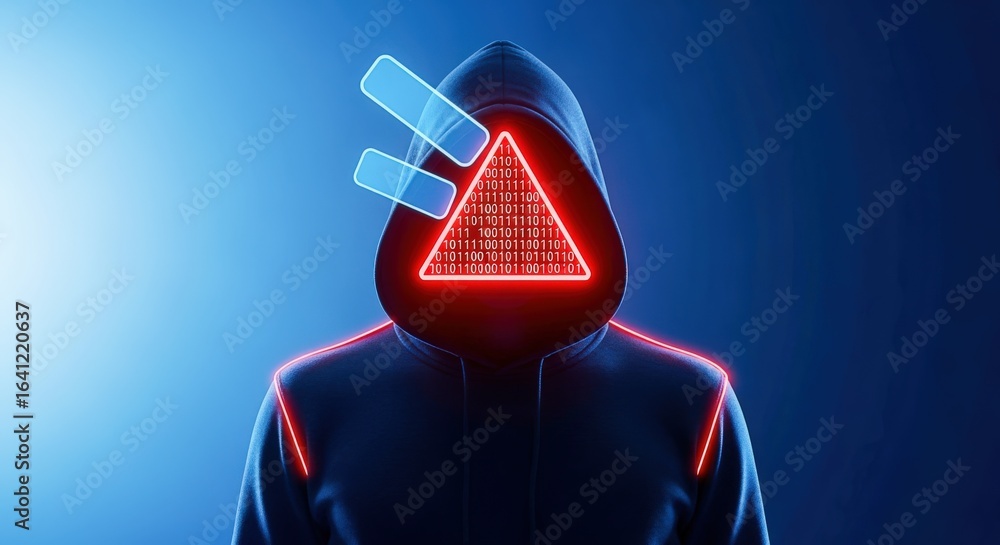 Poster anonymous hacker in hoodie with digital triangle face mask, cyber security concept, blue background