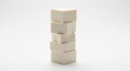 Obraz premium Stacked block of tofu on white background, fresh tofu cubes, healthy vegan food, plant based protein source
