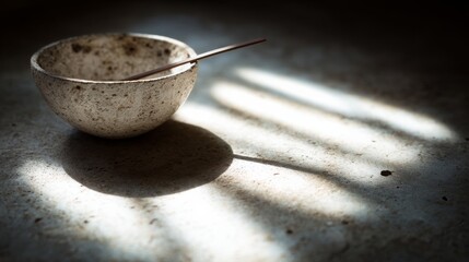 An old worn out bowl with a wooden stick inside, illuminated by dramatic light casting strong shadows,