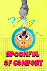 Vertical pop poster banner collage of hand hold spoon cereal milk breakfast nutrition emoji spoonful of comfort smiley sticker