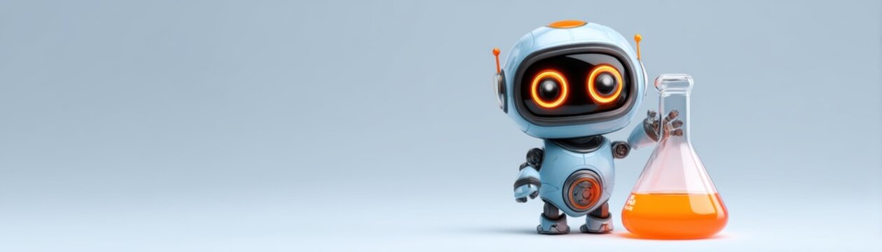 A cute robot character holding a flask filled with orange liquid, set against a minimalist blue background, cute ai robot banner