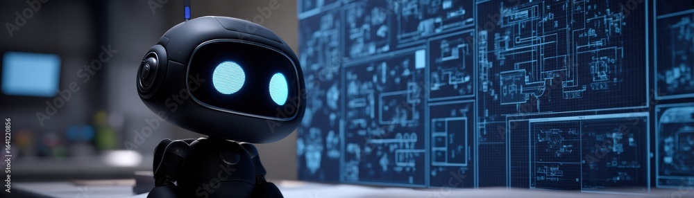 Poster a small, futuristic robot stands in front of a digital screen displaying complex blueprints and circ