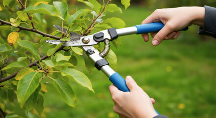 Pruning season Hands carefully shaping a tree in backyard garden.