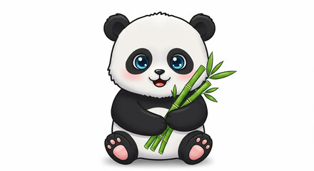 Fototapeta premium Cute cartoon panda bear sitting and holding green bamboo stalks, smiling with big blue eyes on a white background.