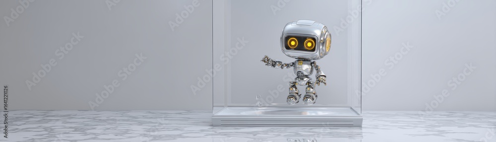 Poster a shiny robotic figure with a friendly expression is encased in a glass display, set against a minim