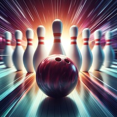 Bowling ball striking pins, motion blur, exciting Bowling Day celebration.