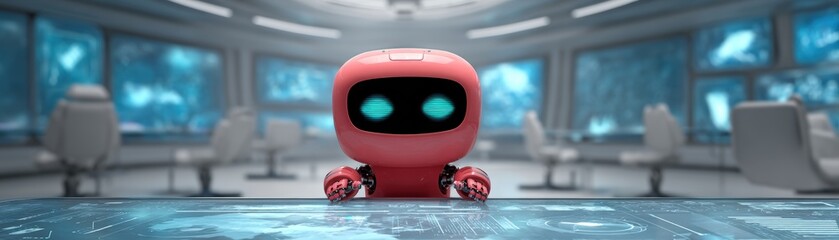 Fototapeta premium A small, red robot with glowing blue eyes sits at a futuristic table in a sleek, high-tech environment, surrounded by modern chairs and large windows, cute ai robot banner