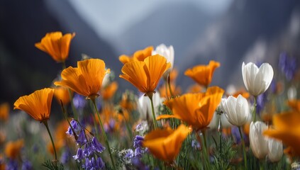Obraz premium Vibrant wildflower meadow with orange and white poppies in full bloom against a soft-focus mountain landscape