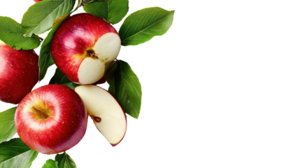 Fresh red apples with green leaves on a white isolate background, perfect for healthy eating themes.