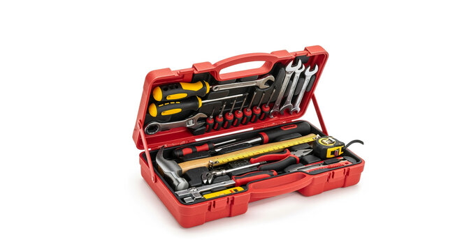 Red toolbox filled with essential tools for home repair and diy projects on a white background image