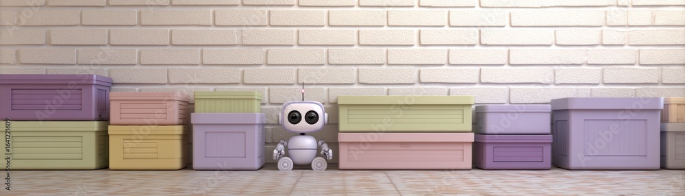 Poster a small, friendly robot stands next to colorful storage boxes against a textured wall, creating a pl