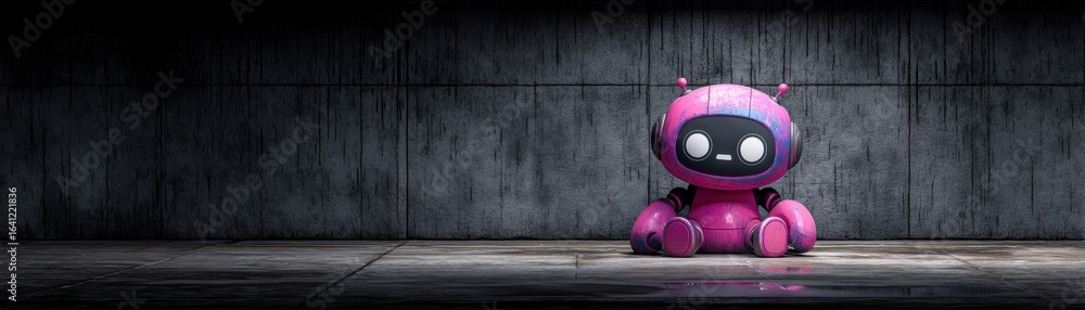 Poster a colorful robot sits alone on a textured floor, surrounded by dark walls, creating a stark contrast