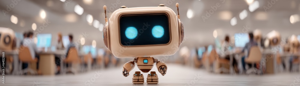 Poster a friendly robot stands in a modern office filled with people and computers, showcasing a blend of t