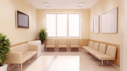 Bright, empty clinic waiting room. Clean, inviting interior for medical and business settings.