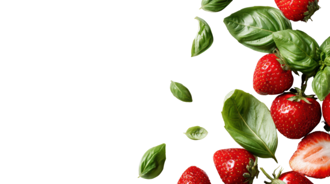 Fresh strawberries and basil leaves arranged on a white isolate background.