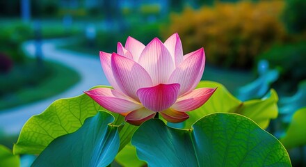 Pink Lotus Flower Blooming in Serene Garden: Symbol of Purity and Enlightenment