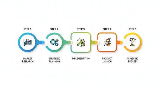 Five step business development process infographic for strategic planning and product launch