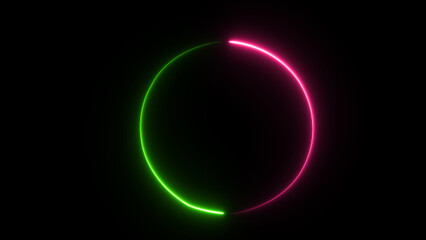 A vibrant neon circle split between pink and green creating a digital portal on solid