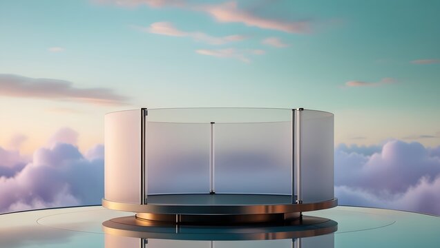 Futuristic glass pedestal floating in a dreamy cloudscape - Powered by Adobe