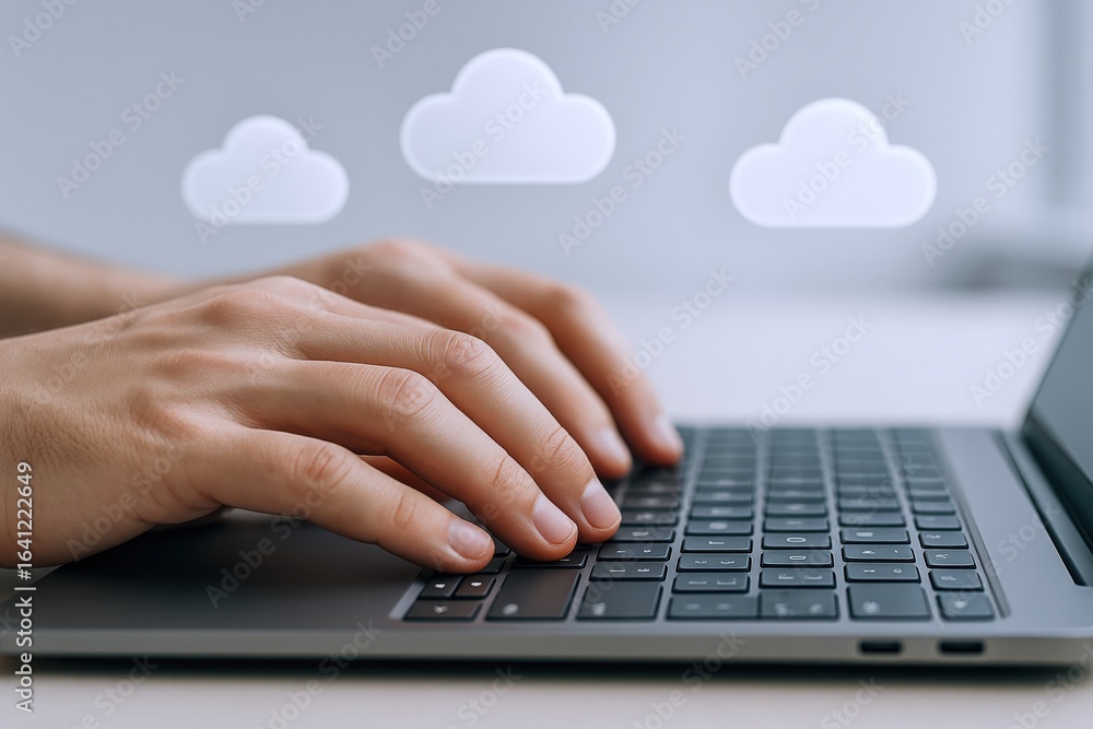 Poster cloud computing concept: hands typing on laptop connecting to cloud network for data storage