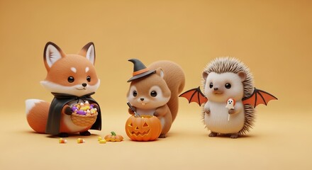Fototapeta premium Cute Cartoon Animals Celebrating Halloween with Pumpkins and Treats