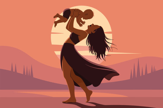 Joyful moment of parent lifting child in air at sunset – warm vector illustration with scenic hills, trees, and glowing sun in background