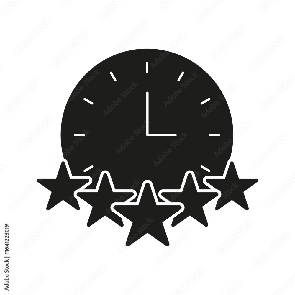 Poster clock with five stars solid icon. time management and quality rating silhouette symbol. efficiency a