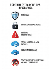Cybersecurity protection concept infographic with five critical tips for online safety, including password security, firewalls, and malware defense.