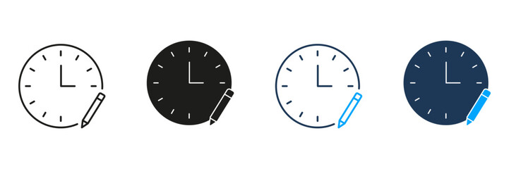 Clock With Pencil Line And Solid Icon Set. Time Management, Scheduling, And Planning Symbol Collection. Productivity And Organization Tools. Isolated Vector Illustration