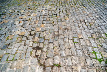 Fototapeta premium A street with stones, sidewalk. Geometric texture. Stones wet from the rain. Background for projects.