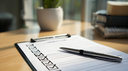 A checklist on a clipboard with checkmarks and a pen on a desk with a plant and books nearby