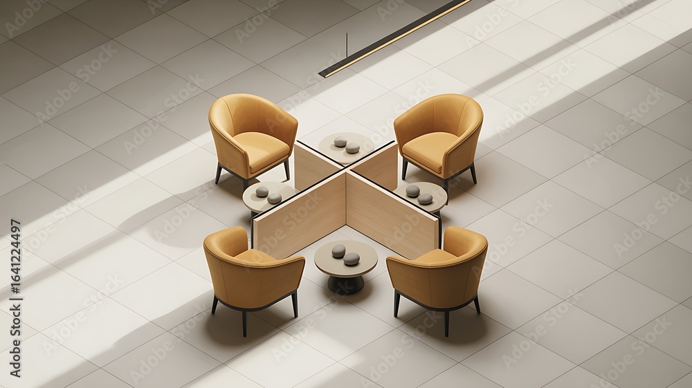 Poster top view of a modern lounge area featuring four yellow armchairs arranged around a central table, cr