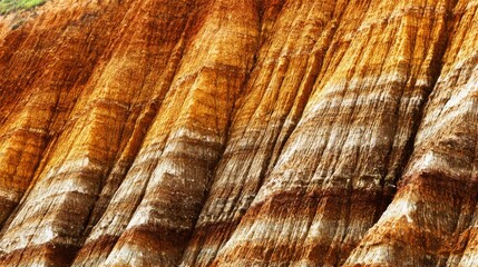 Close-up of stratified rock formations with smooth undulating lines in earthy hues of orange cream and brown showcasing 