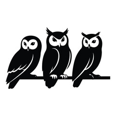 Vector art of three owls sitting on a branch isolated on white background