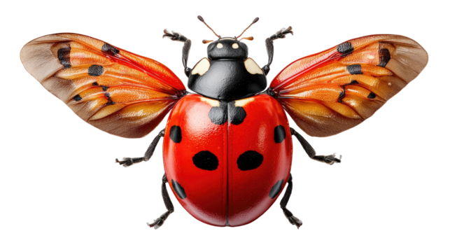 Ladybug's Graceful Ascent: An eye-level snapshot of a ladybug with its vibrant wings unfurled in mid-flight, its spotted red shell gleaming with natural charm.