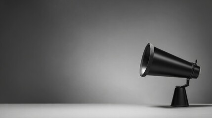 A sleek black speaker rests on a reflective glass surface, casting a subtle shadow,