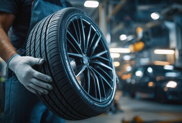 A close-up shot depicts a gloved mechanic carefully holding a new tire and rim assembly, showcasing its intricate design and robust construction in a well-lit industrial setting.